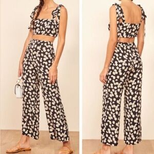 Reformation daisy print set, tie shoulder crop and pants